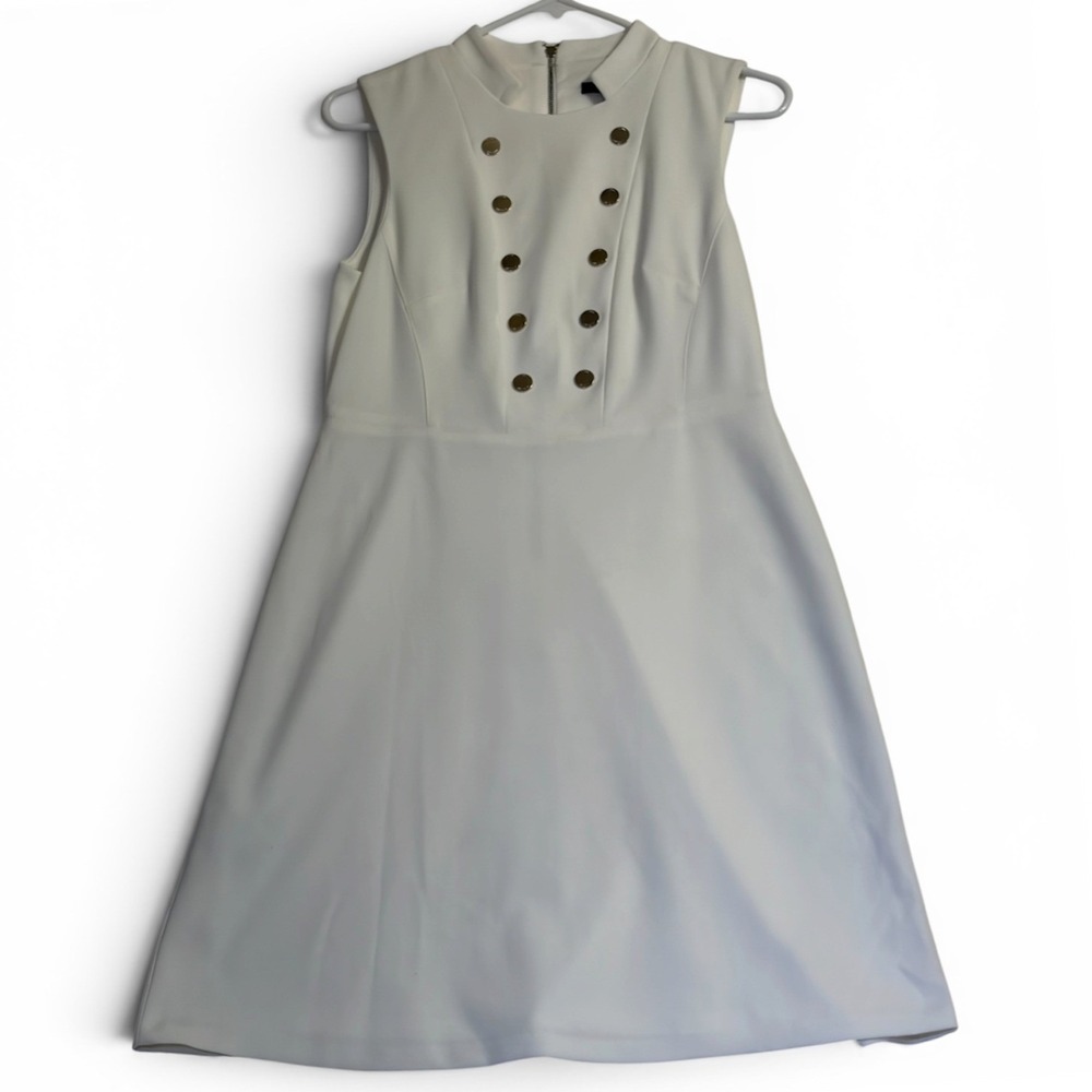 Tommy Hilfiger Fit & Flare Dress 6 White Womens Gold Button Mock Neck‎ Excellent
